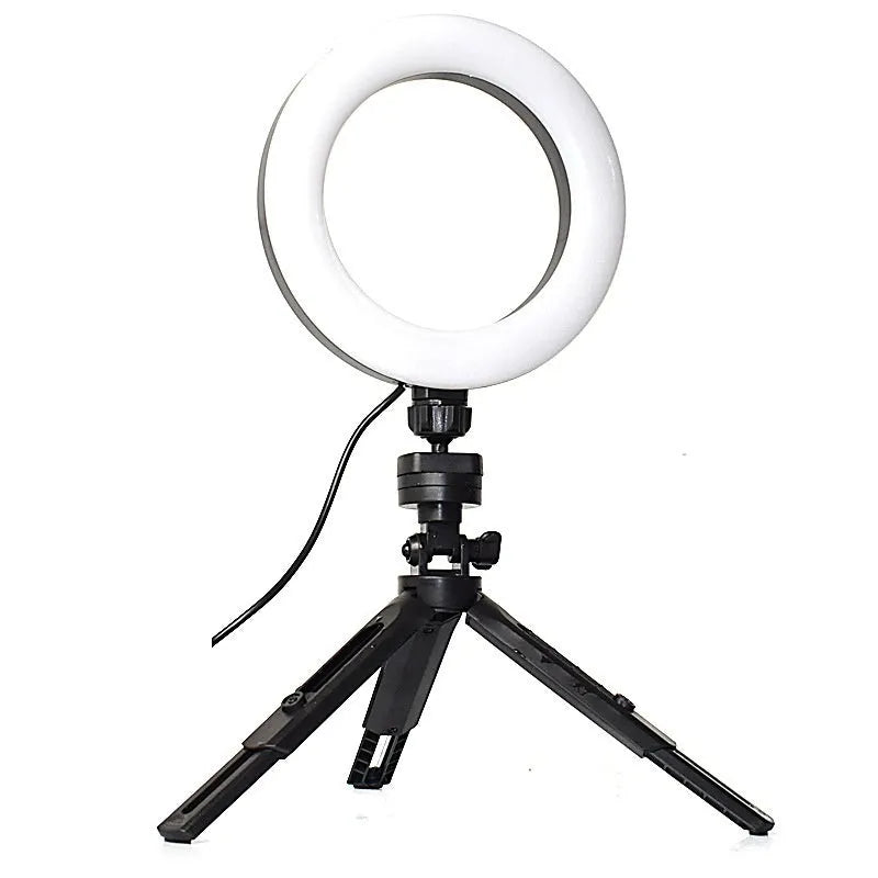 Black desktop phone bracket with adjustable fill light and tripod for mobile streaming