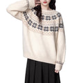 Women's vintage Fair Isle geometric pattern sweater in milk white with crew neck and long sleeves