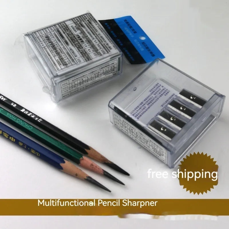 Four hole plastic pencil sharpener with geometric design and integrated screwdriver for art pencils