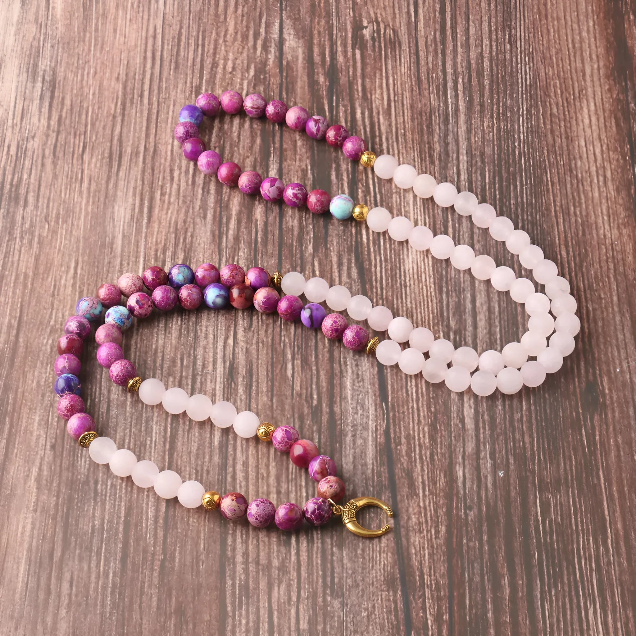 Emperor stone necklace with pink crystal beads and round pendant casual jewellery for women and men
