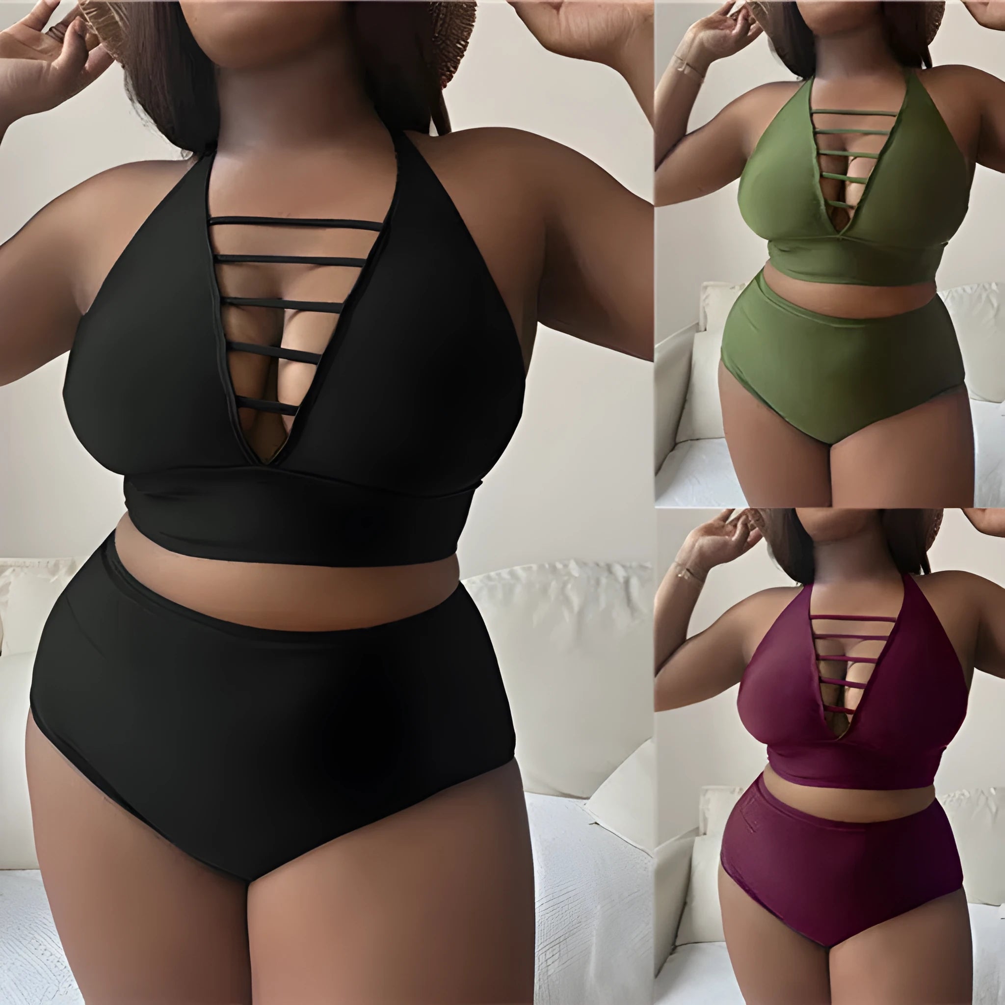 Plus size woman modelling a solid colour halter bikini with adjustable cross straps and high waist briefs.