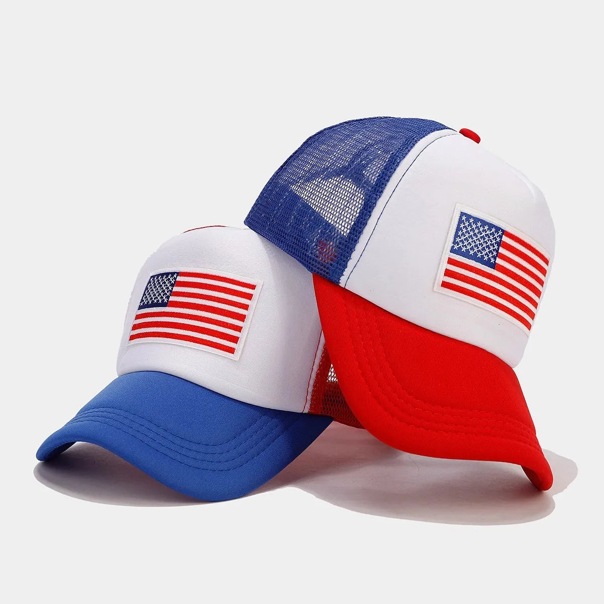 Red and blue contrast baseball cap with breathable space cotton fabric dome crown