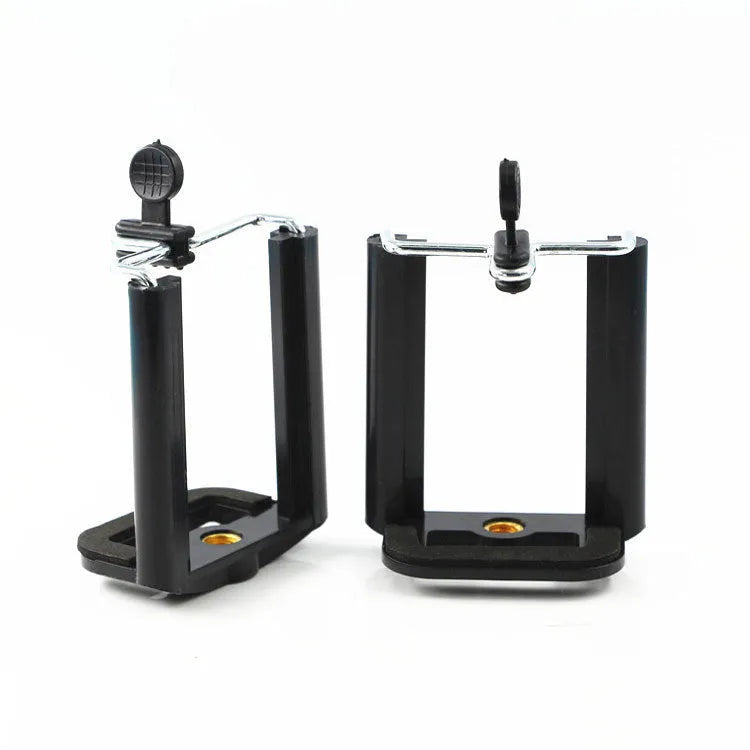 Black plastic U mobile phone clip hose bracket showing universal phone holder attached to cylindrical object