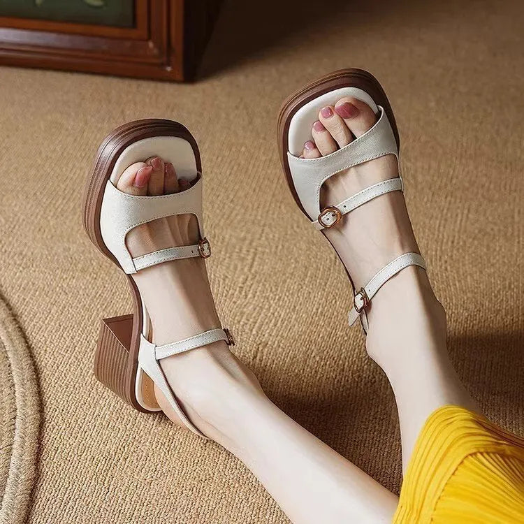 Women's open toe square toe retro platform sandals in beige colour with rubber sole