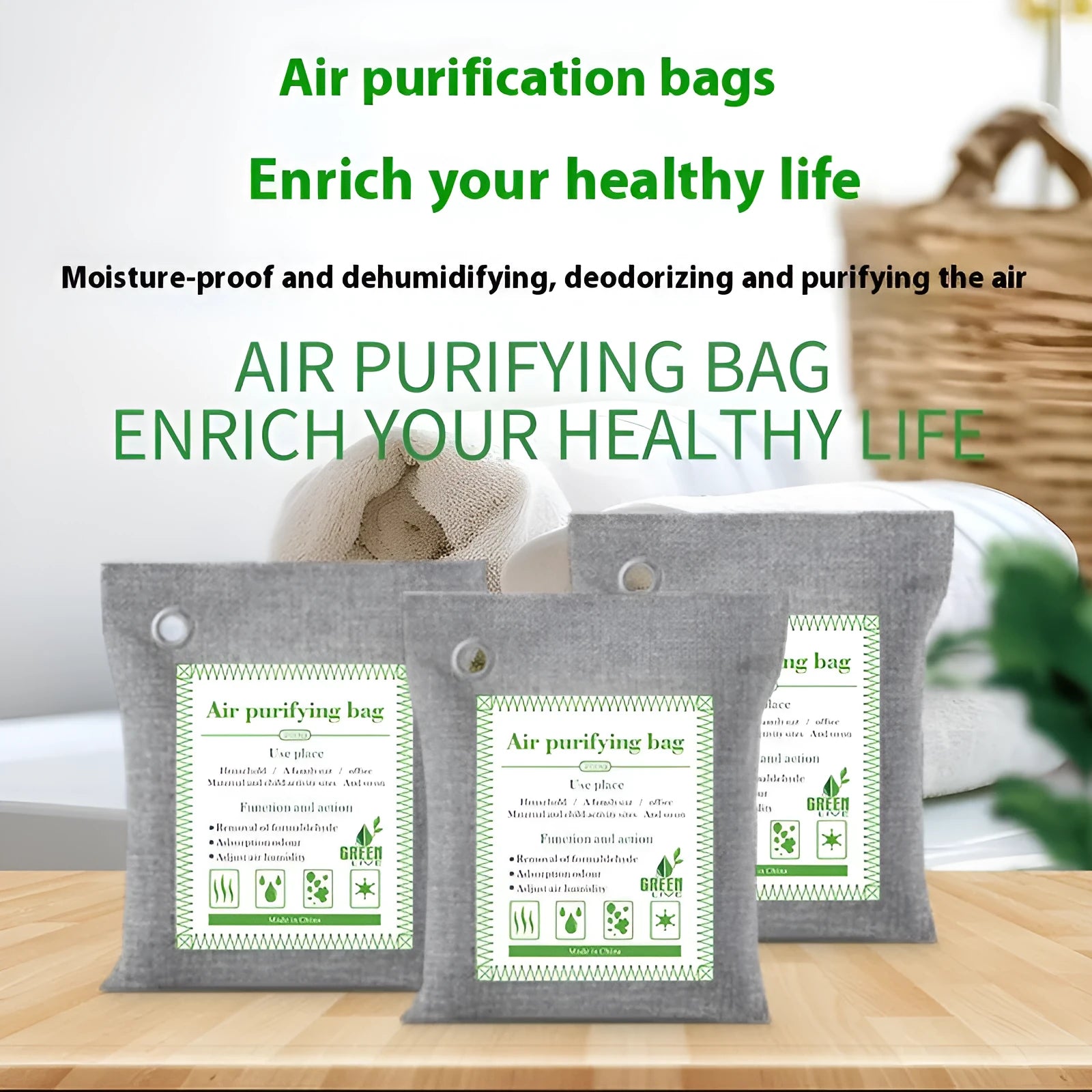 Sewn fabric bags filled with bamboo charcoal for air purification