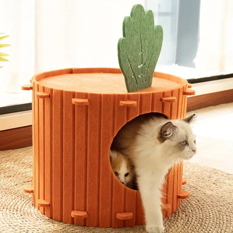 Grey wool felt cat tunnel with semi-enclosed roof and round drilled holes