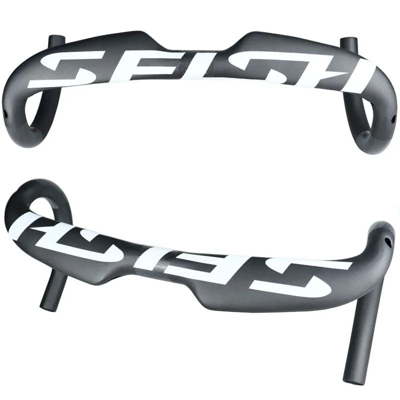 Carbon fibre road bicycle drop handlebar showing ergonomic shape, available in multiple widths.