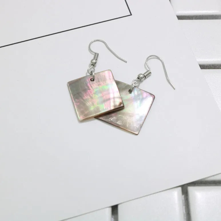 Geometric shell earrings in square and rectangular shapes with sterling silver hooks