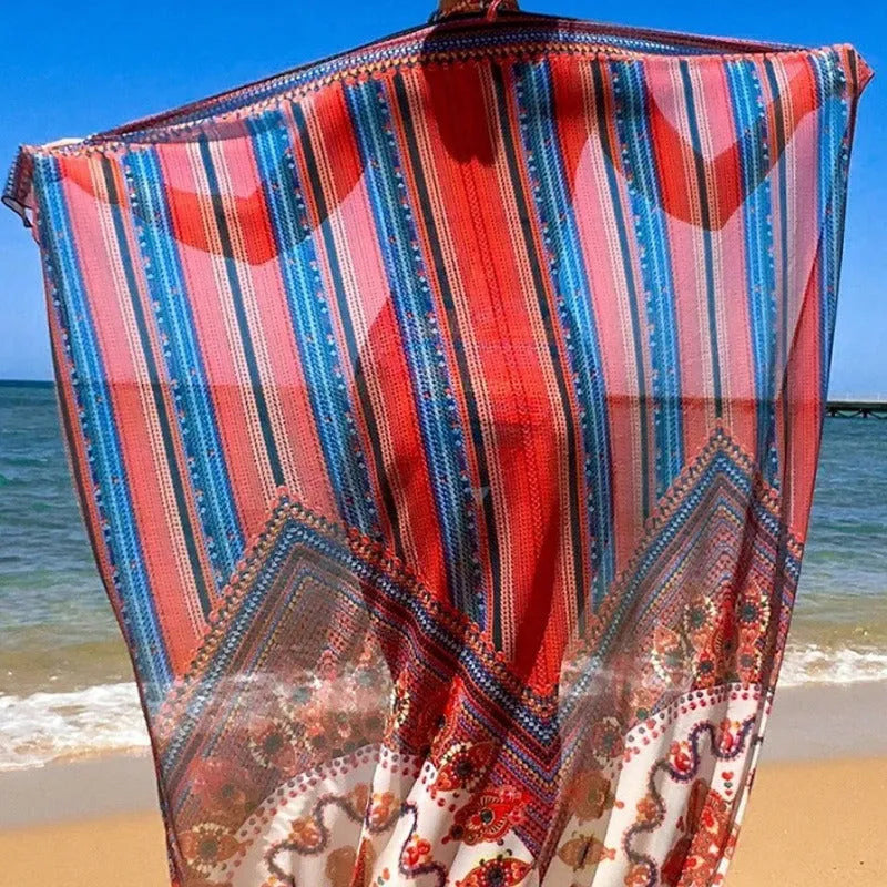 Women's three-piece swimsuit set showing high-waisted briefs, sleeveless cutout blouse, and matching coat.