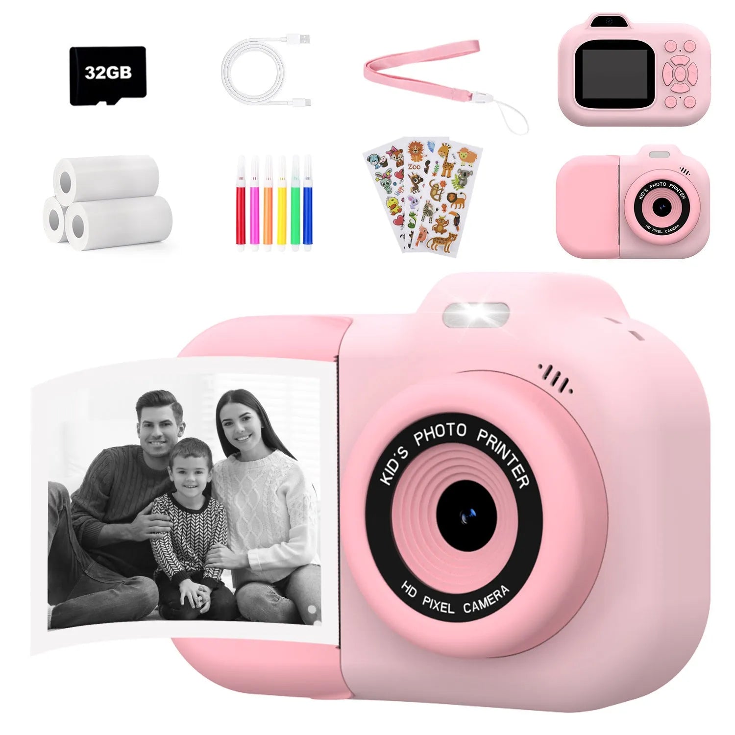 Children's digital camera in pink, blue or purple with video recording and games functions