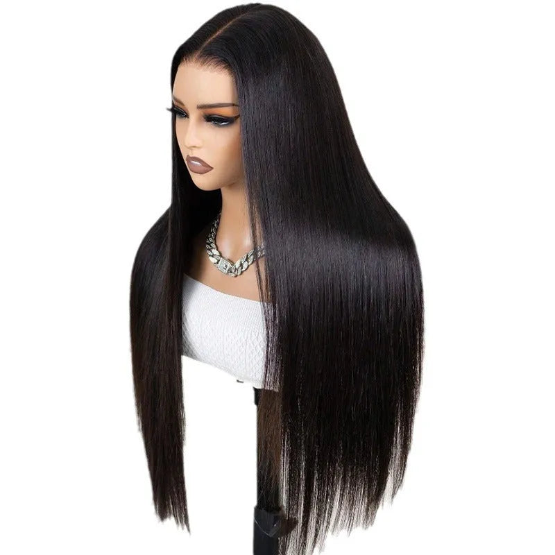 Straight black human hair wig with 13x6 lace front on a mannequin head