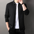 Men's polyester casual business jacket in black, straight hem, long sleeves, shown on a model.