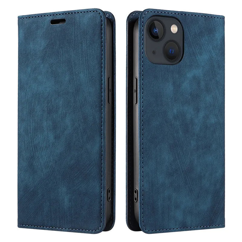 Magnetic flip phone case for iPhone in a choice of colours showing leather cover and TPU body.