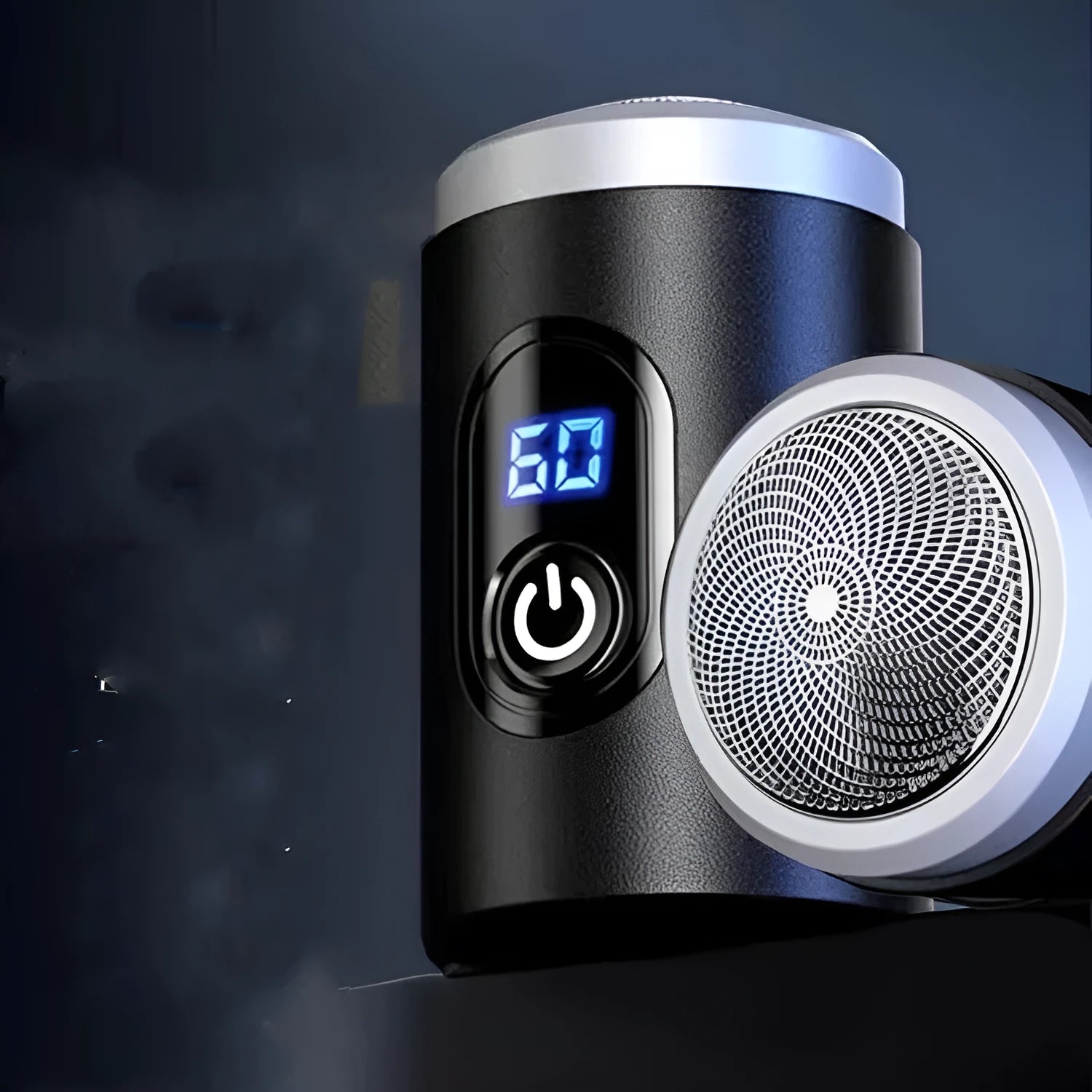 Black mini USB rechargeable shaver with cleaning brush and cable on white background