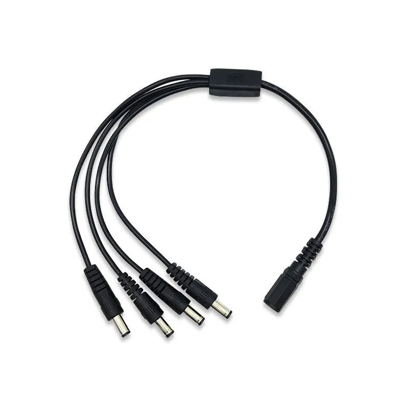 Black 12V monitoring power cord with DC one-in-four interface and 5.5mm connectors for CCTV cameras