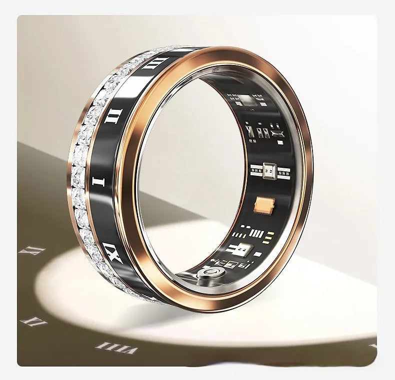 Diamond inlaid smart ring for blood oxygen monitoring in silver and gold colours on a finger.