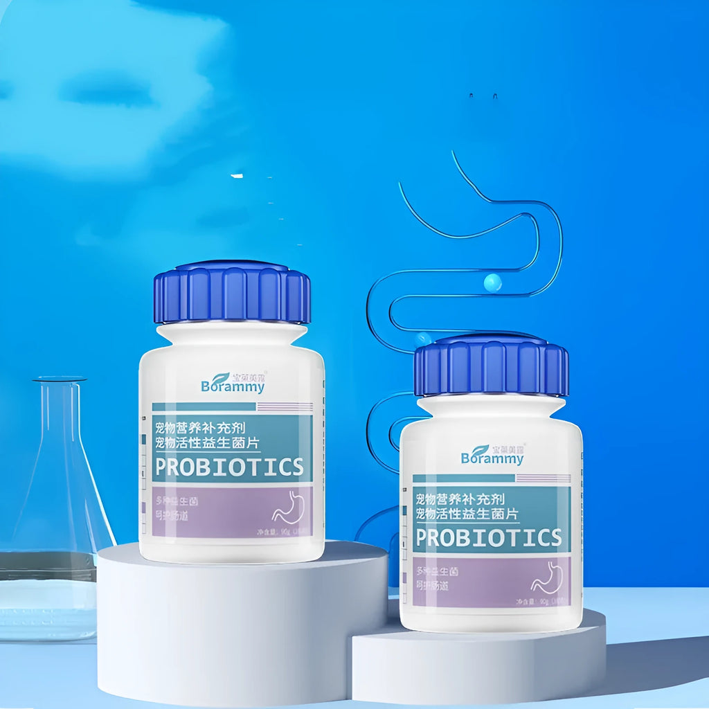 Bottle of pet probiotic chewable tablets containing 180 tablets for dog and cat digestive support.