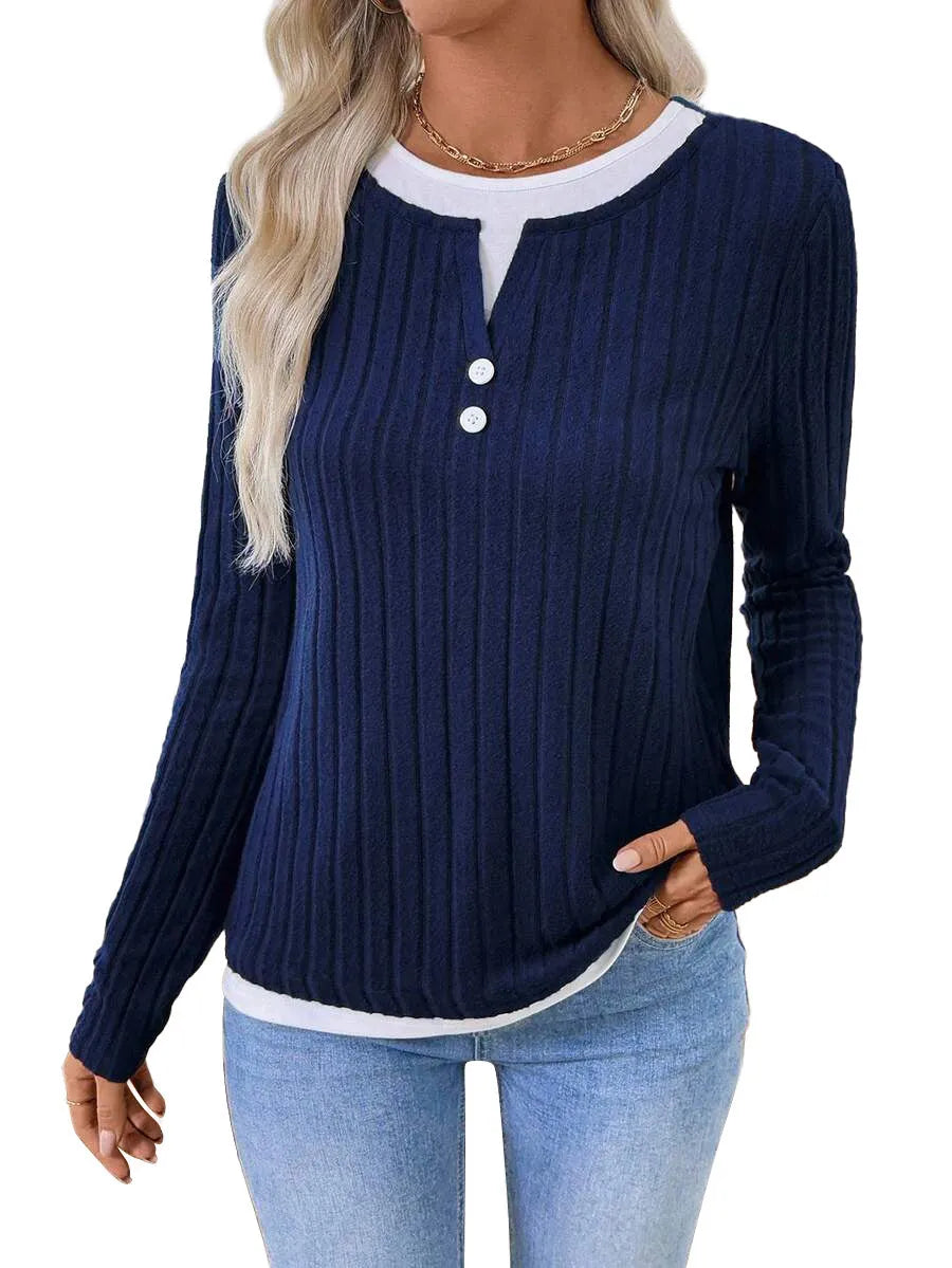 Women's fake two-piece pullover sweater with round neck, button details, and concave stripe pattern in solid colour