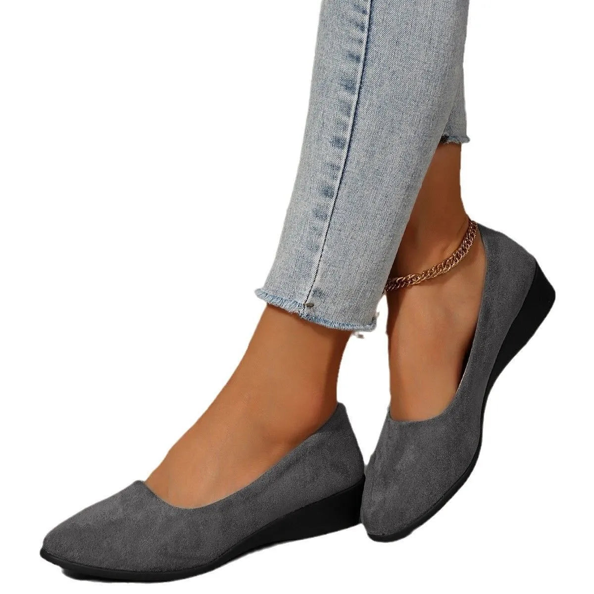 Women's pointed toe wedge pumps with shallow mouth opening and low heel in various colours