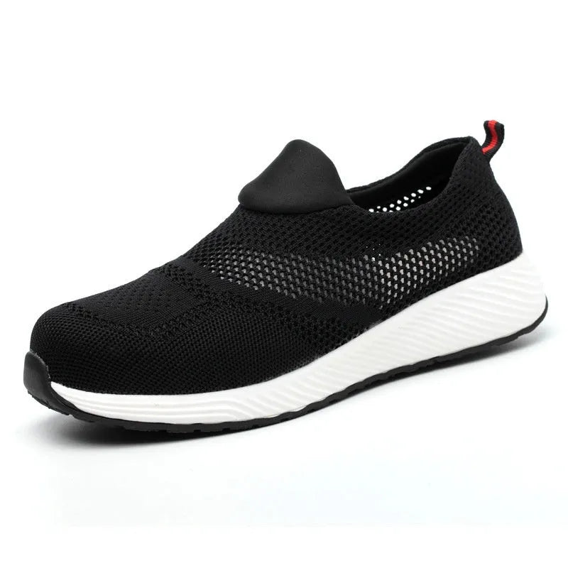 Men's lightweight mesh steel toe work shoe in black, side view on industrial floor.