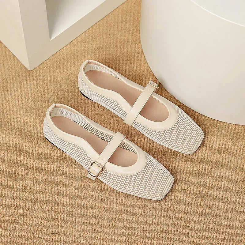 Women's beige mesh breathable pumps with a buckle fastening and square toe.