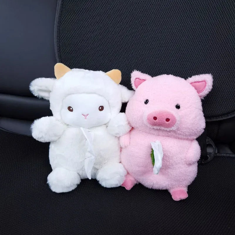Soft plush cartoon lamb car tissue box holder for vehicle and home use.