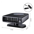 Black vehicle-mounted heater showing adjustable vents, dimensions 11x6.5x14cm, with double-sided adhesive.