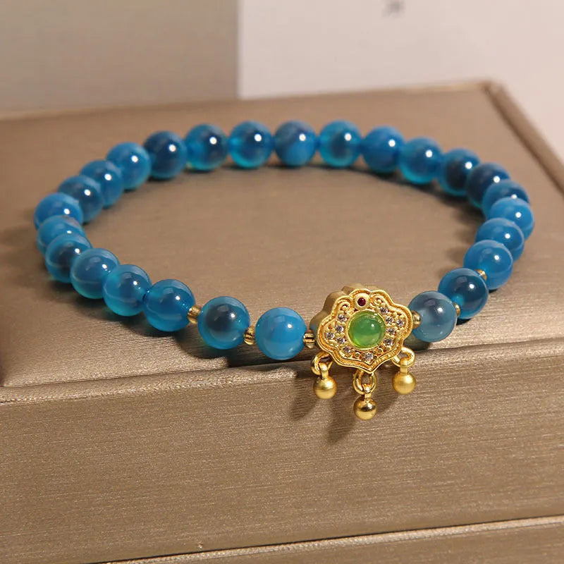 Blue sugar heart agate safety lock pendant women's bracelet with crystal and rhinestone decoration