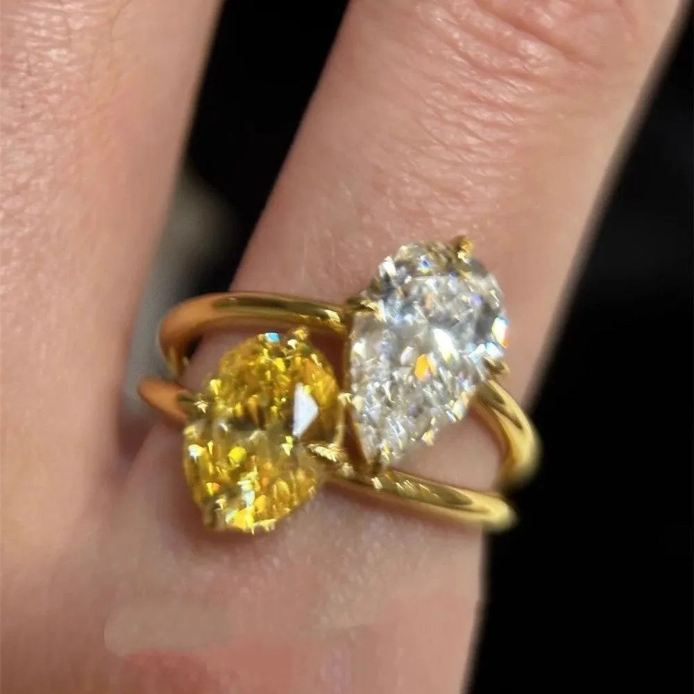 Water drop contrast colour open ring for women with geometric shape and double Sheng stone detail