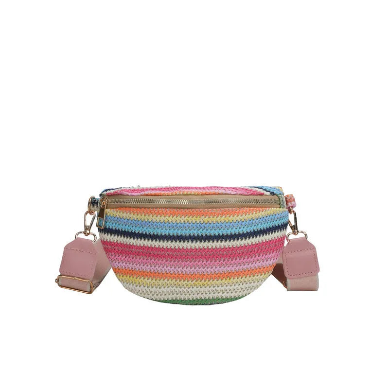 Blue and pink woven straw beach bag with shell shape and single shoulder strap