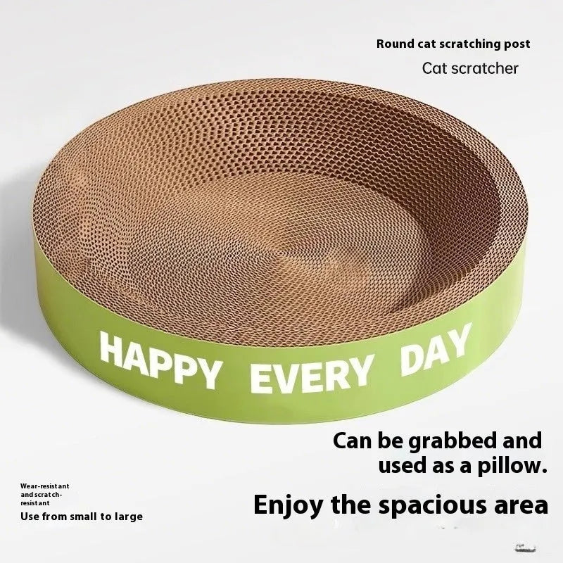 Green round 50cm diameter cat nest with integrated scratching boards and centre cushion area