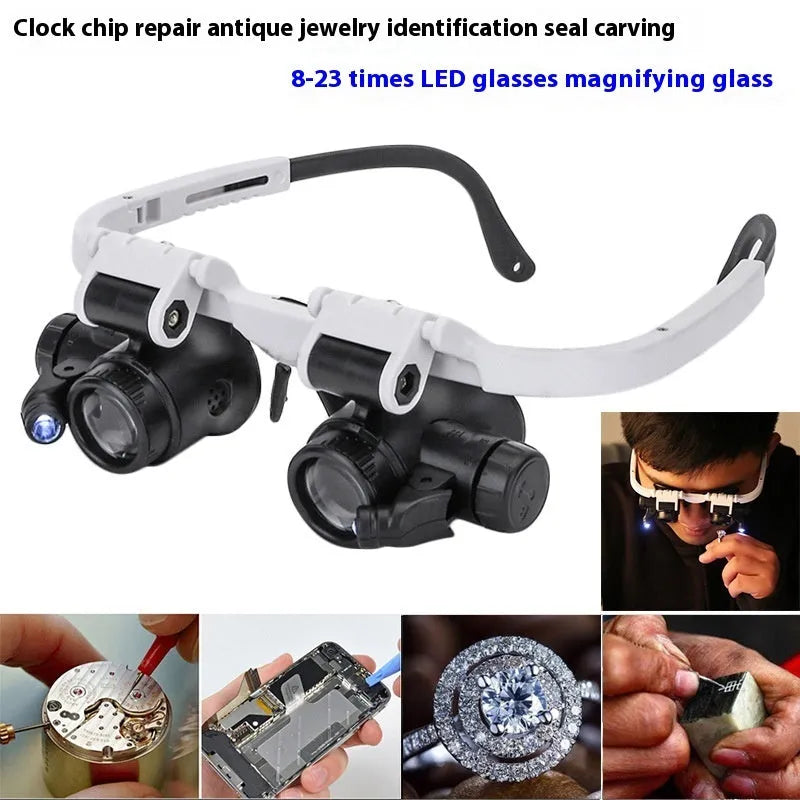 White head mounted magnifying glass with LED light shown in folded and unfolded positions