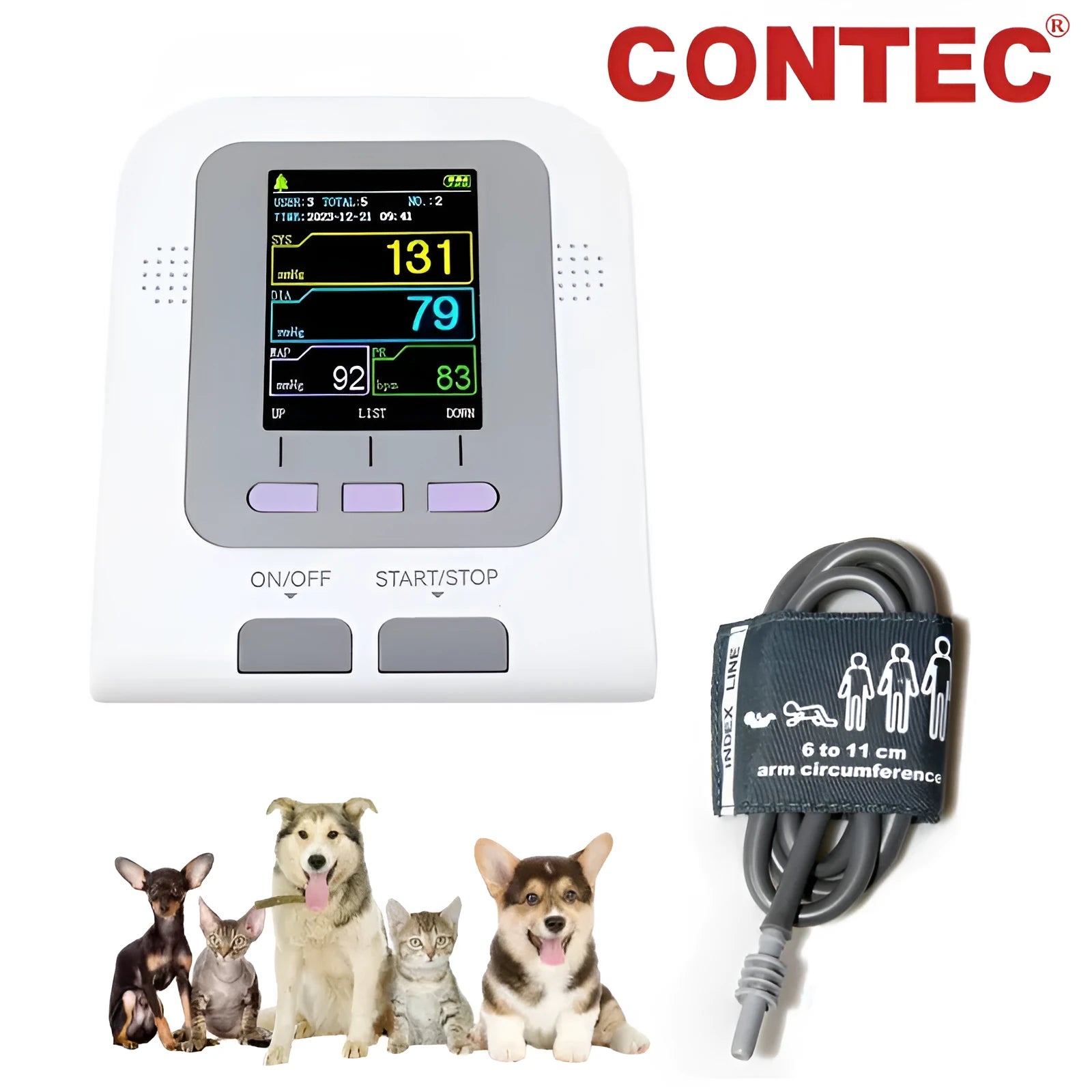 CONTEC08A veterinary digital blood pressure monitor with colour display and three cuff sizes for animals