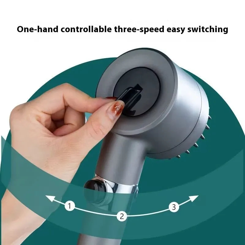 Portable modern simplicity ABS shower head with three gear adjustment for spray, massage, and rain functions.