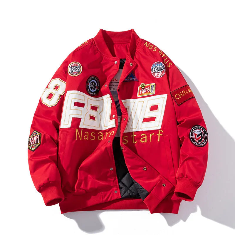 American motorcycle baseball uniform jacket in loose fit with detachable hood option