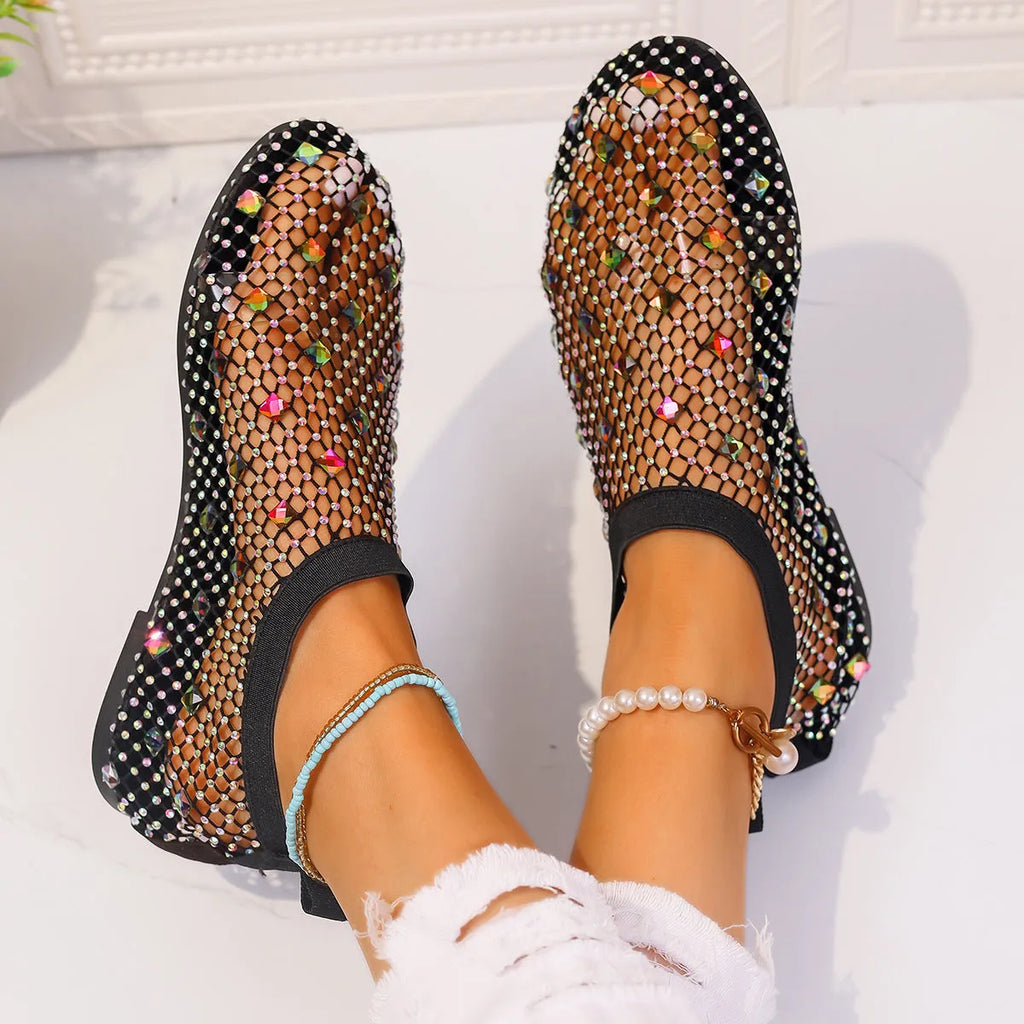 Women's mesh flat sandals with colourful rhinestone decoration and round toe design