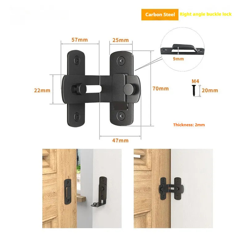 Black carbon steel warehouse hook lock with a 90-degree flat shackle for sliding barn doors.