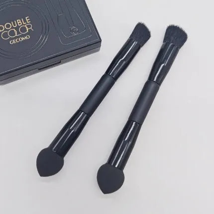 Elegant black double-headed miter sponge concealer brush with wooden handle and artificial fibre bristles