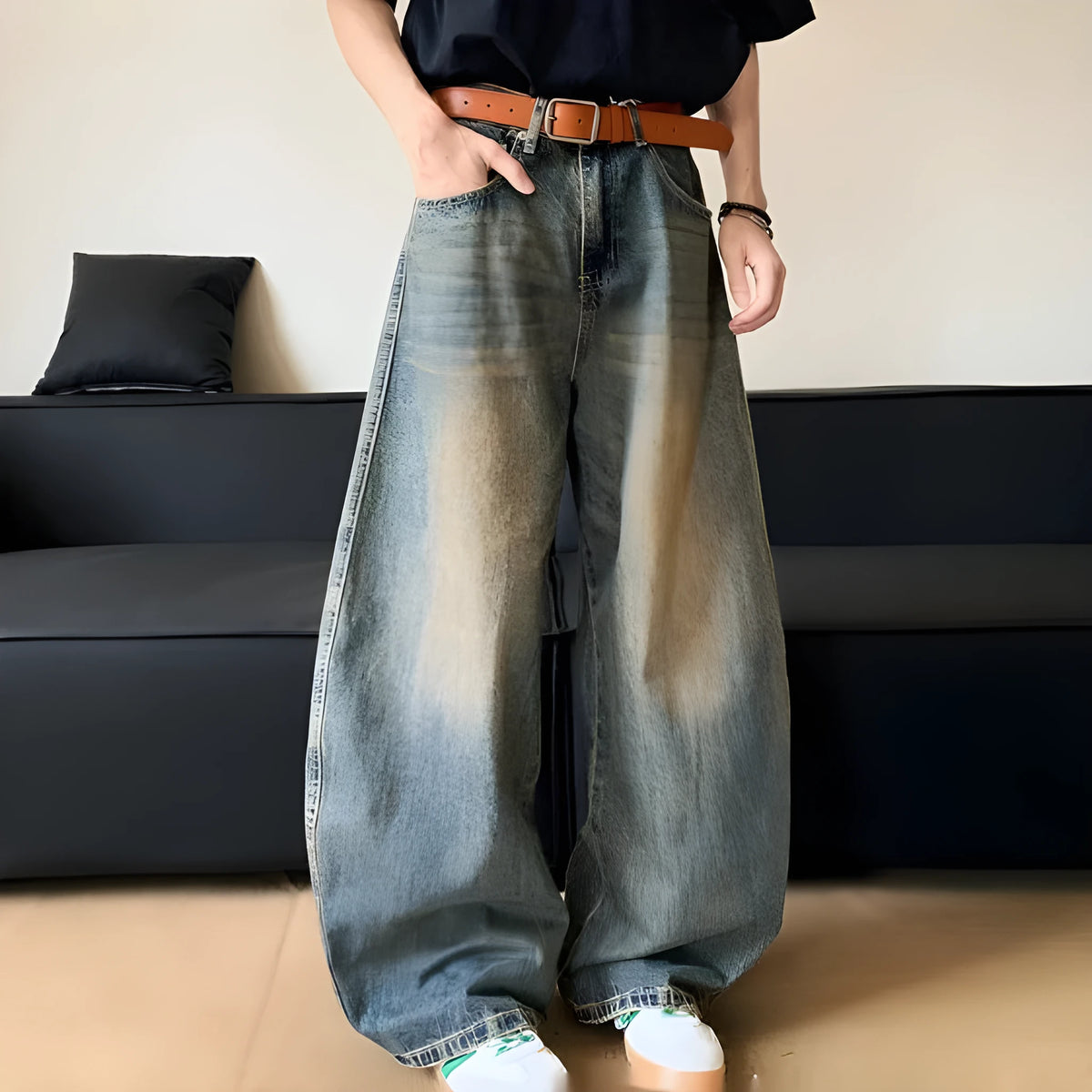 Men's retro blue distressed denim jeans with slim wide-leg cut and micro stretch fabric