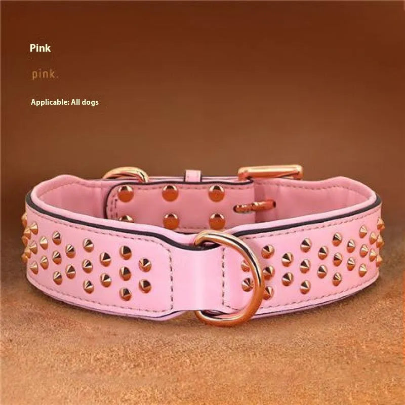 Genuine leather dog collar with metal rivet studs and a strong metal buckle in black, chocolate, or pink colour.