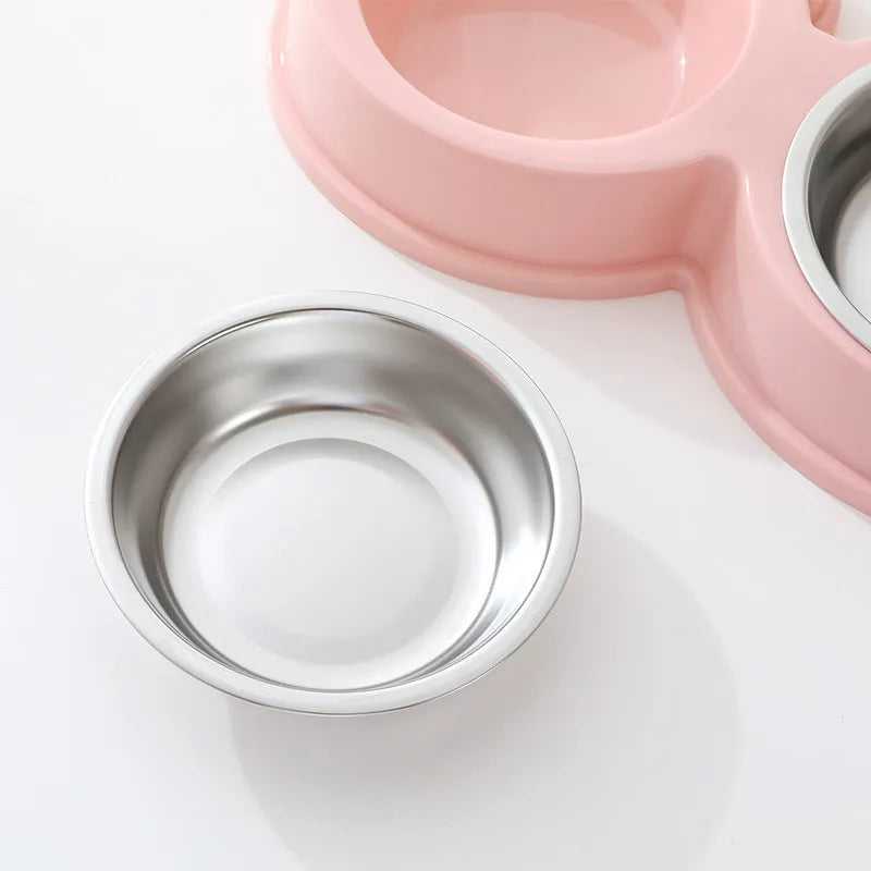 Blue frog-shaped stainless steel double pet bowl for food and water, shown in large size.