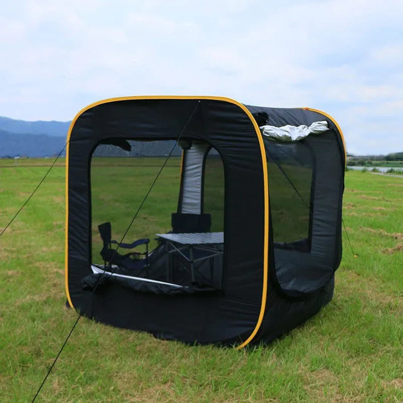 Black pop-up car tail tent with quick-throw setup, shown unfolded to its 200x200x200cm size.