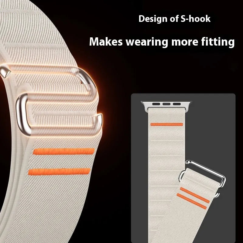 Elastic nylon Apple Watch band with stainless steel buckle shown in multiple colour options