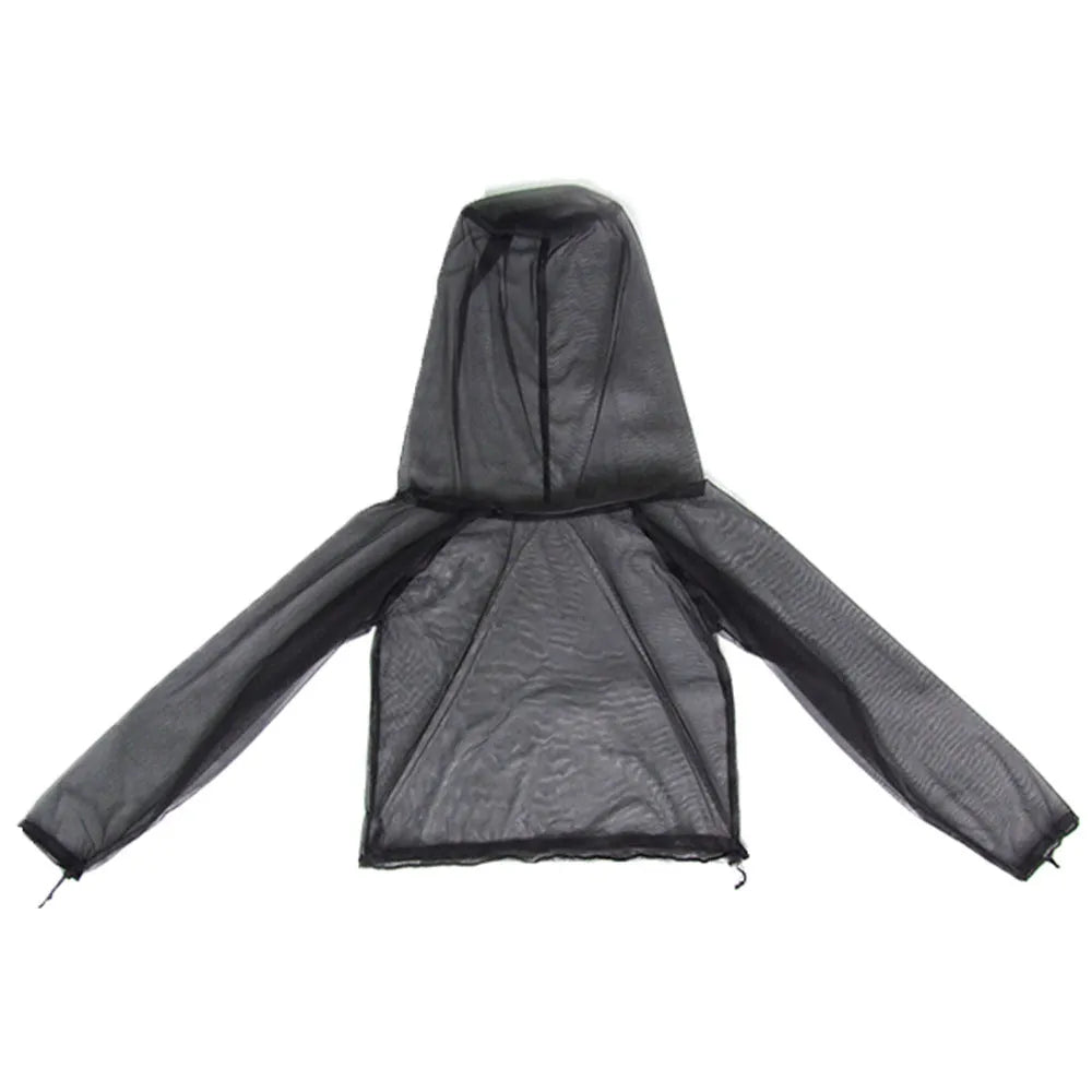 Lightweight mesh anti-mosquito suit set comprising a hooded jacket, trousers, and booties laid out flat.