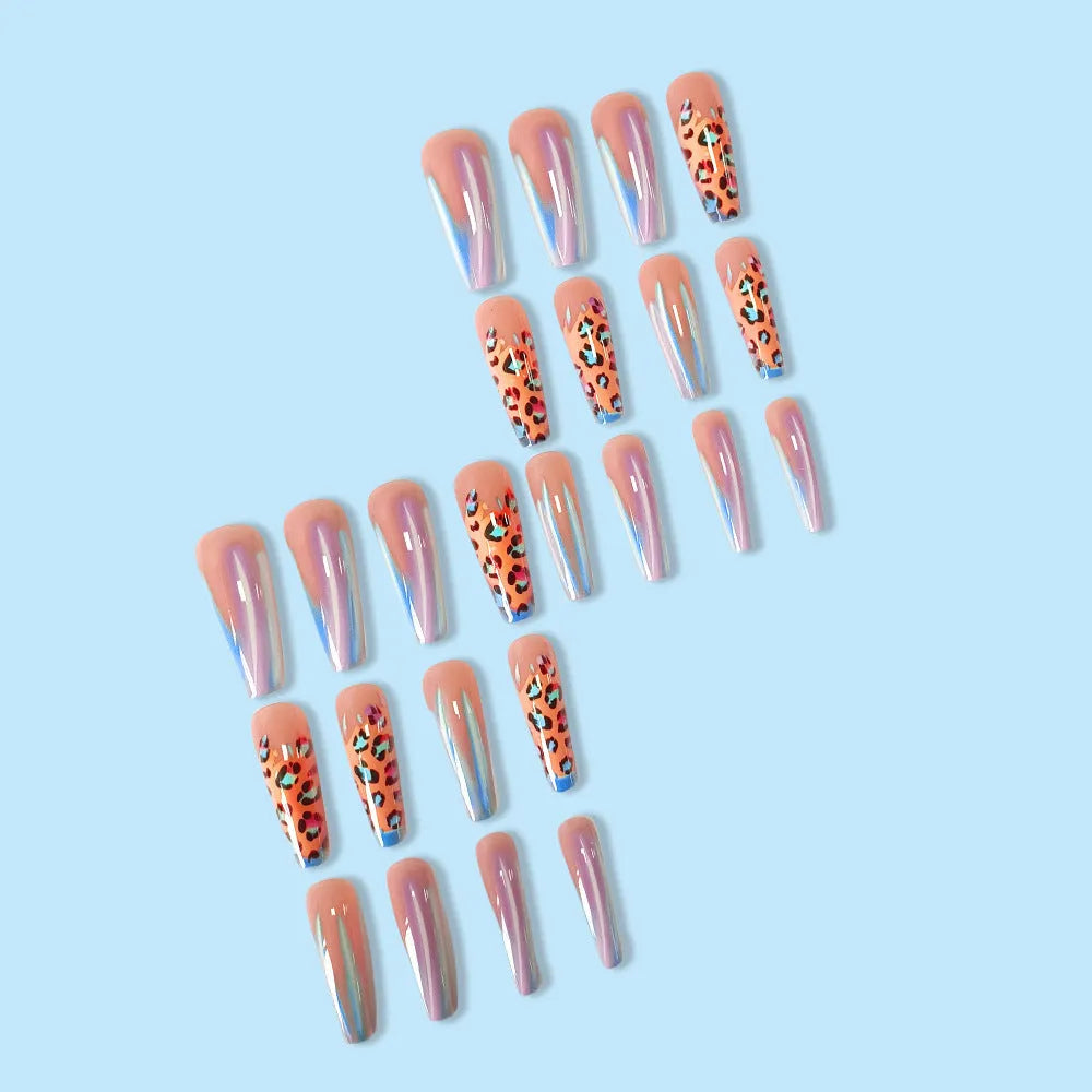 Blue edge French leopard print press-on nail tips in long ballet shape with jelly glue and nail stickers