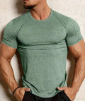 Men's stretch quick-dry running T-shirt in polyester blend available in black, grey, green and pink colours