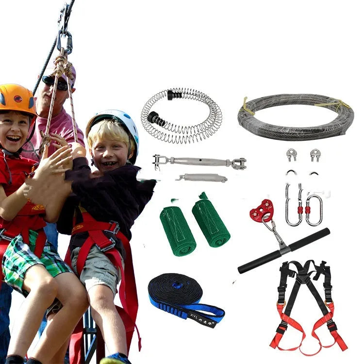 Children's outdoor pulley slide rope kit with 10 metre rope, steel pulleys, safety belts, and tree protection