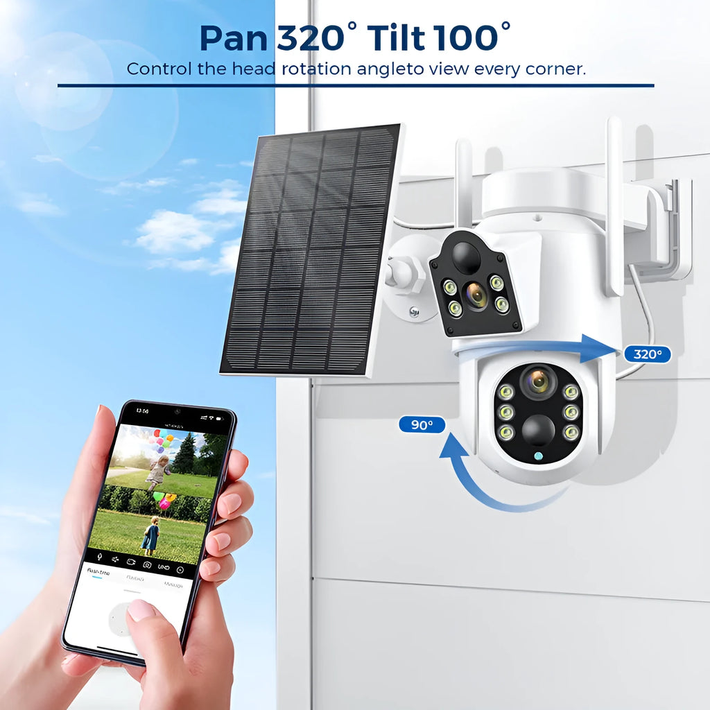 Outdoor solar-powered wireless security camera with solar panel for plug-free monitoring