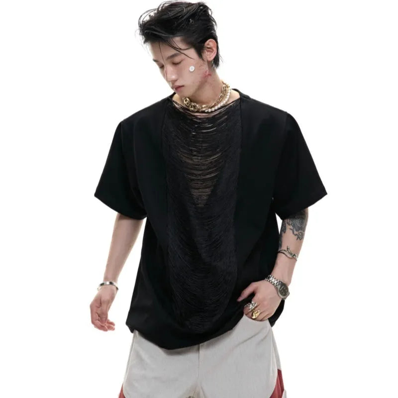 Loose black polyester men's t-shirt with 3D cut tassel details and hollow out design