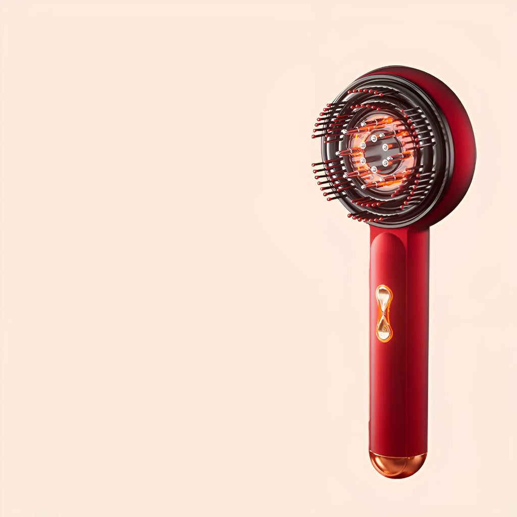 A black or red plastic comb with red and blue lights on a white background.